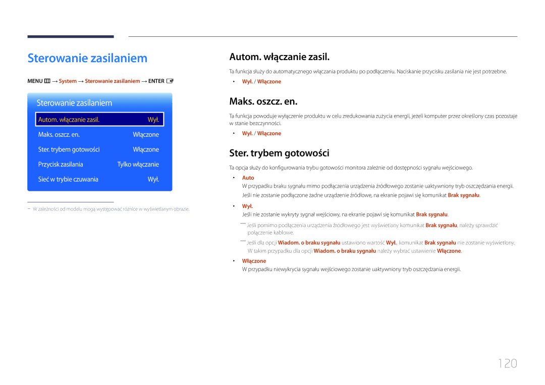 Samsung LH24OMEPWBC/EN manual Sterowanie zasilaniem, 120, Autom. włączanie zasil, Maks. oszcz. en, Ster. trybem gotowości 