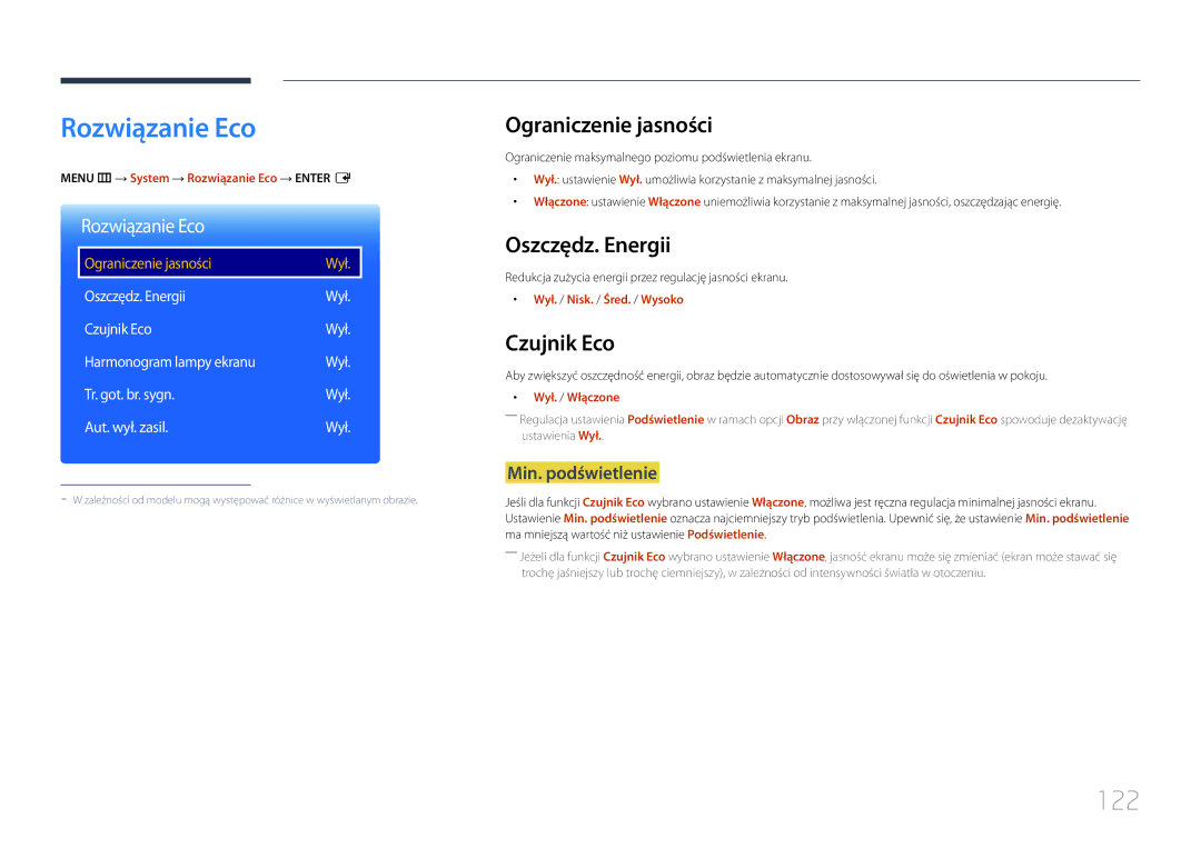 Samsung LH24OMEPWBC/EN, LH24OHEPKBB/EN manual Rozwiązanie Eco, 122, Ograniczenie jasności, Oszczędz. Energii, Czujnik Eco 