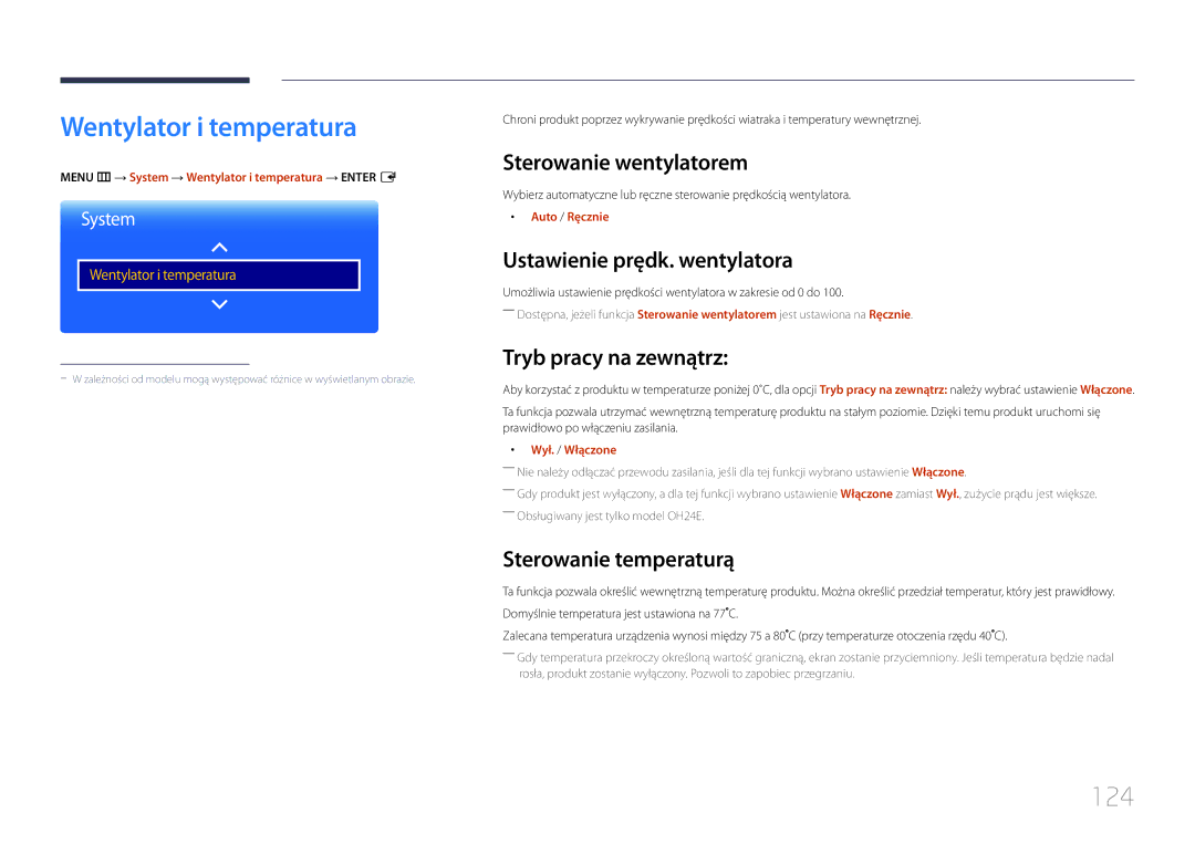 Samsung LH24OMEPWBC/EN, LH24OHEPKBB/EN manual Wentylator i temperatura, 124 