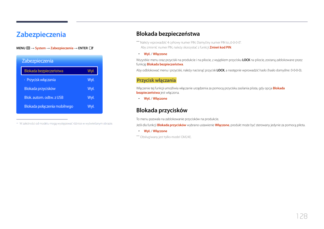 Samsung LH24OMEPWBC/EN, LH24OHEPKBB/EN manual Zabezpieczenia, 128, Blokada bezpieczeństwa, Blokada przycisków 