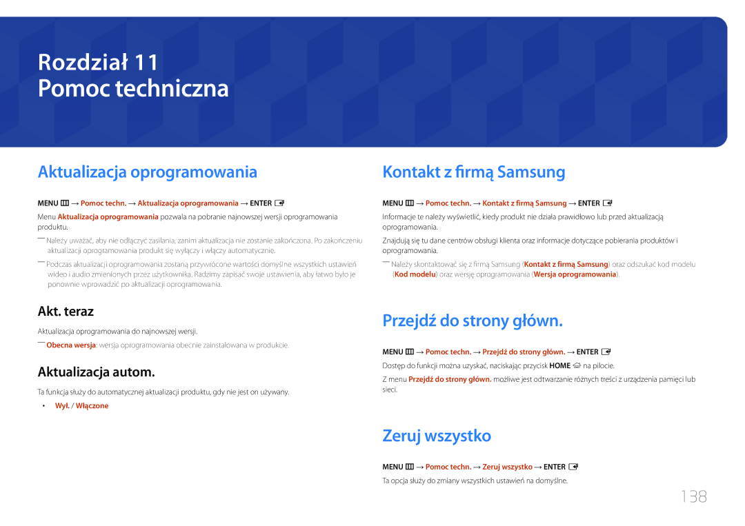 Samsung LH24OMEPWBC/EN Pomoc techniczna, Aktualizacja oprogramowania, Kontakt z firmąSamsung, Przejdź do strony główn 