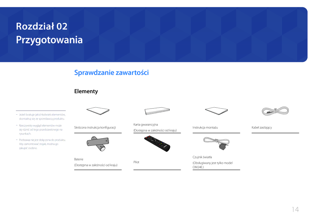 Samsung LH24OMEPWBC/EN manual Przygotowania, Sprawdzanie zawartości, Elementy, Karta gwarancyjna Instrukcja montażu 