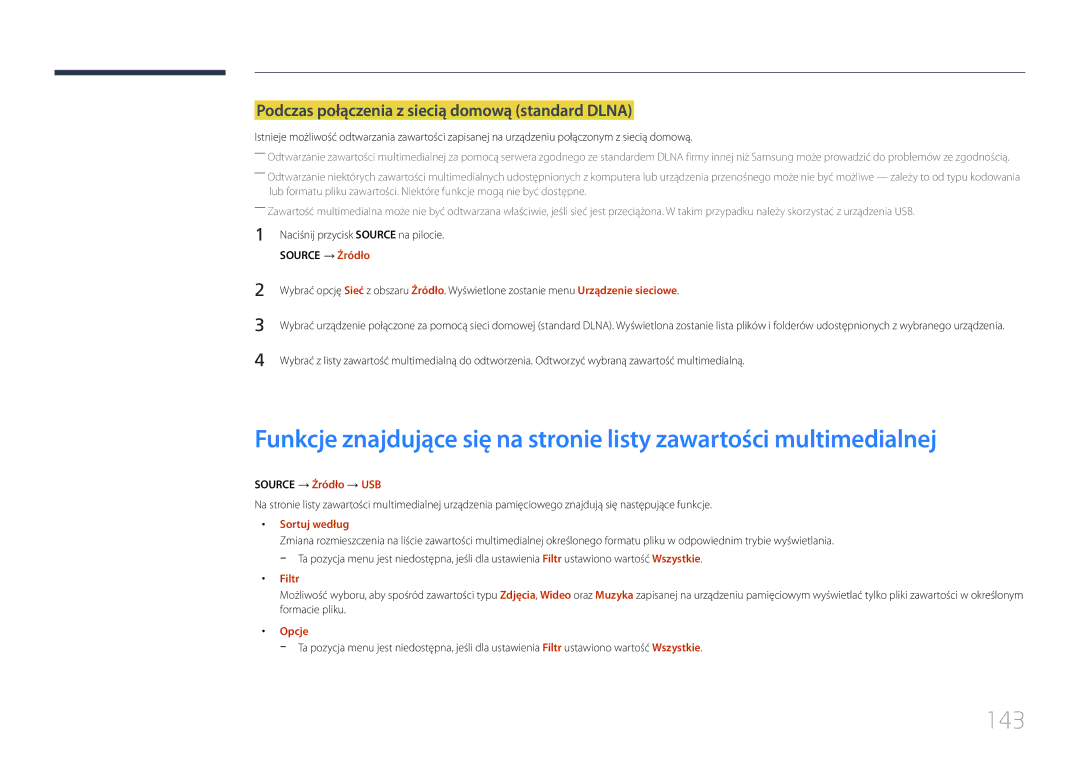 Samsung LH24OHEPKBB/EN, LH24OMEPWBC/EN manual Podczas połączenia z siecią domową standard Dlna, Source → Źródło → USB 