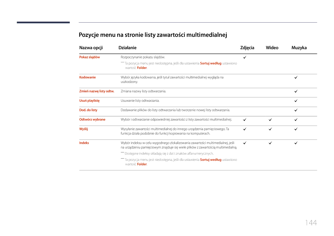 Samsung LH24OMEPWBC/EN, LH24OHEPKBB/EN manual 144, Pozycje menu na stronie listy zawartości multimedialnej 