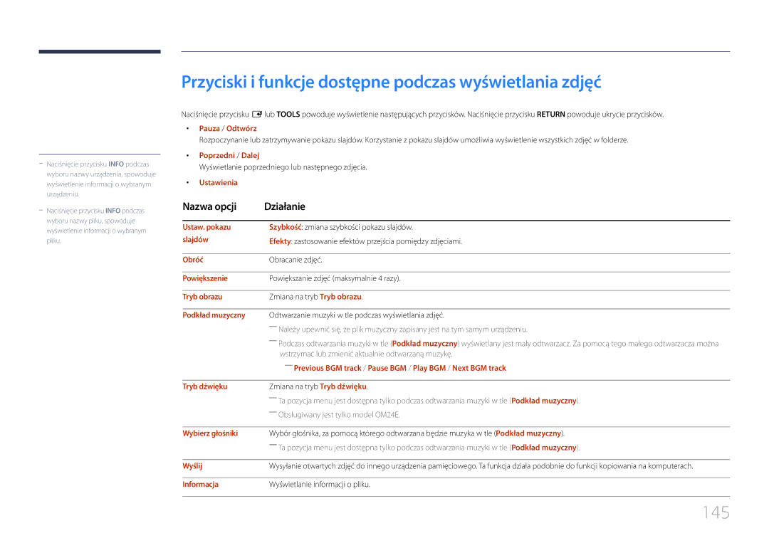 Samsung LH24OHEPKBB/EN, LH24OMEPWBC/EN manual Przyciski i funkcje dostępne podczas wyświetlania zdjęć, 145 