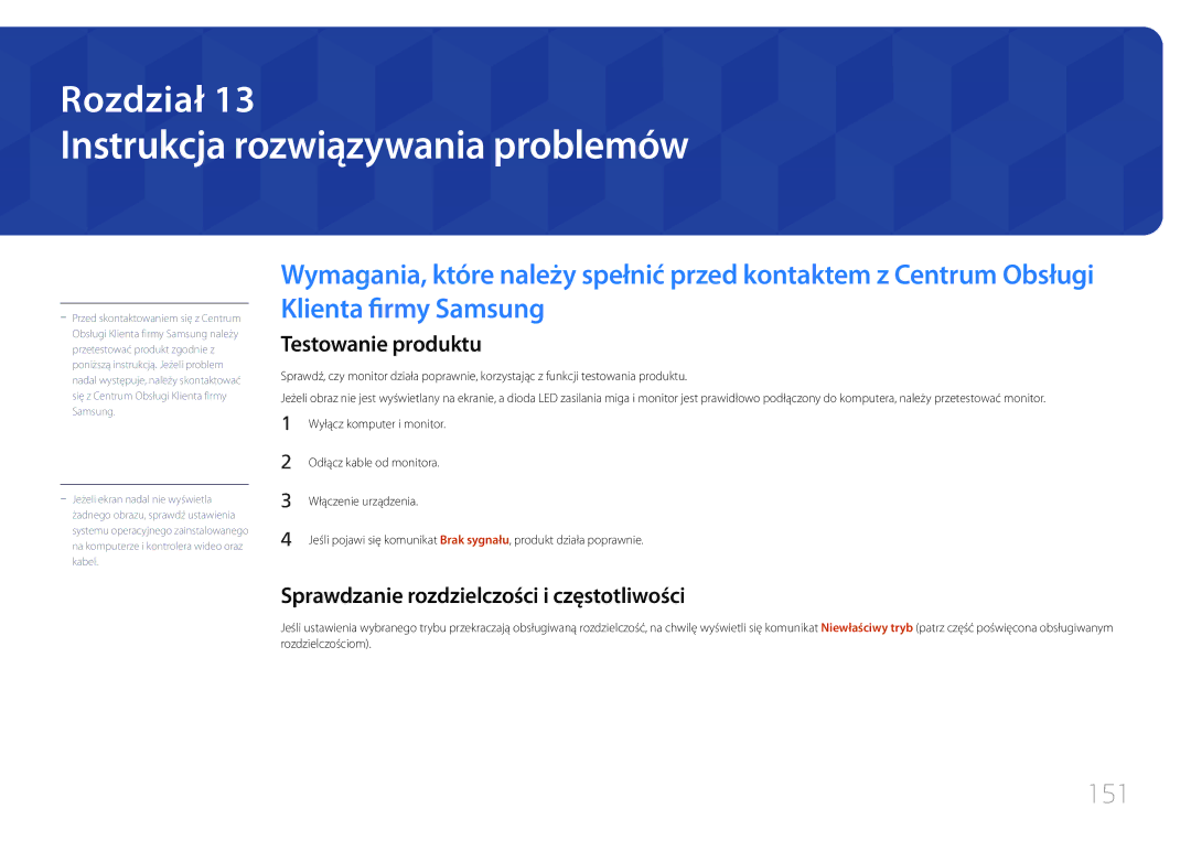 Samsung LH24OHEPKBB/EN, LH24OMEPWBC/EN manual Instrukcja rozwiązywania problemów, 151, Testowanie produktu 