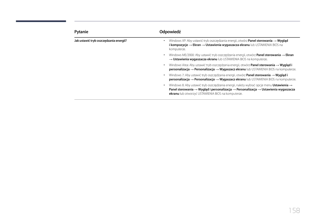 Samsung LH24OMEPWBC/EN, LH24OHEPKBB/EN manual 158, Pytanie, Jak ustawić tryb oszczędzania energii? 