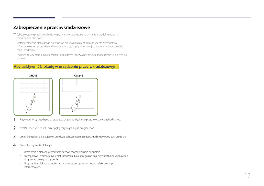 Samsung LH24OHEPKBB/EN manual Zabezpieczenie przeciwkradzieżowe, Aby uaktywnić blokadę w urządzeniu przeciwkradzieżowym 