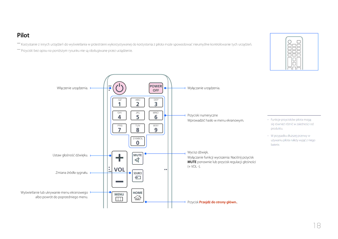 Samsung LH24OMEPWBC/EN, LH24OHEPKBB/EN manual Pilot, Przycisk Przejdź do strony główn 