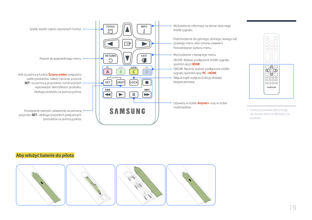 Samsung LH24OHEPKBB/EN, LH24OMEPWBC/EN manual Aby włożyć baterie do pilota, C D 