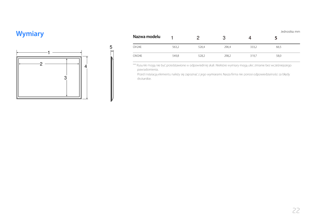 Samsung LH24OMEPWBC/EN, LH24OHEPKBB/EN manual Wymiary, Nazwa modelu, Jednostka mm 