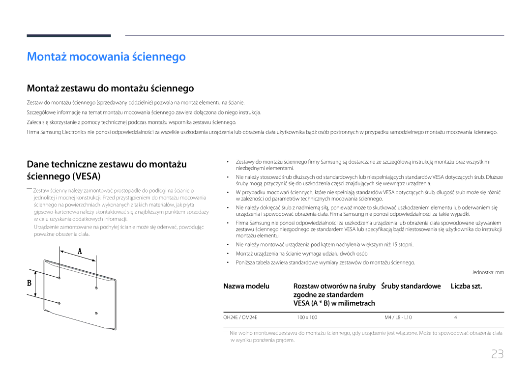 Samsung LH24OHEPKBB/EN manual Montaż mocowania ściennego, Montaż zestawu do montażu ściennego, Zgodne ze standardem 