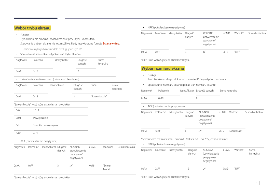 Samsung LH24OHEPKBB/EN manual Wybór trybu ekranu, Wybór rozmiaru ekranu, Ustawianie rozmiaru obrazu ustaw rozmiar obrazu 