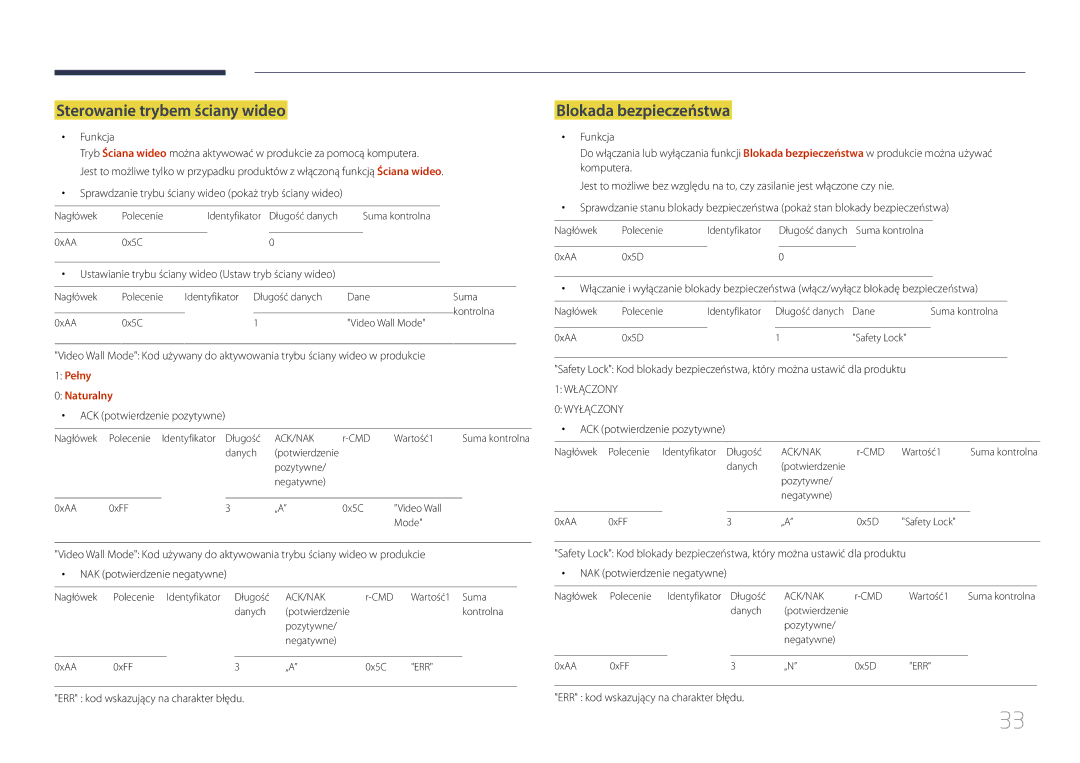 Samsung LH24OHEPKBB/EN, LH24OMEPWBC/EN manual Sterowanie trybem ściany wideo, Blokada bezpieczeństwa, Pełny Naturalny 