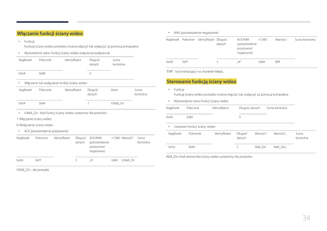 Samsung LH24OMEPWBC/EN, LH24OHEPKBB/EN manual Włączanie funkcji ściany wideo, Sterowanie funkcją ściany wideo 