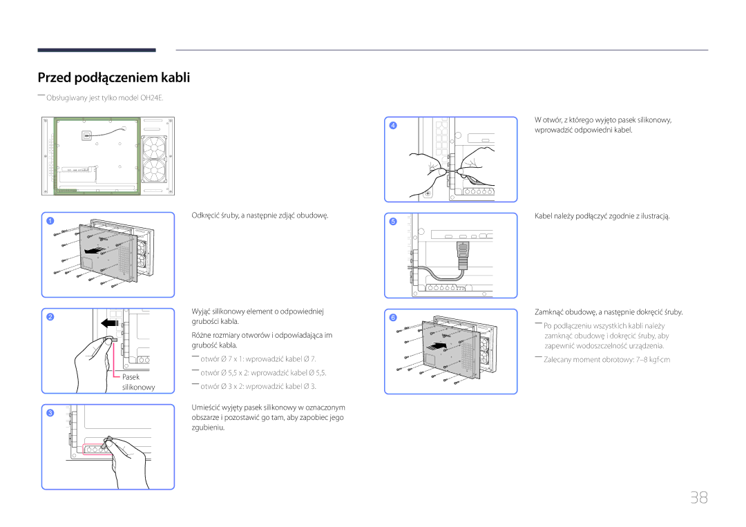 Samsung LH24OMEPWBC/EN, LH24OHEPKBB/EN manual Przed podłączeniem kabli, Odkręcić śruby, a następnie zdjąć obudowę 