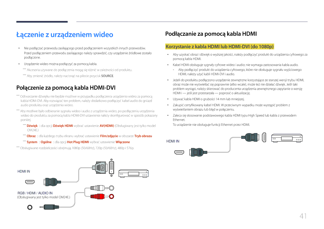 Samsung LH24OHEPKBB/EN, LH24OMEPWBC/EN manual Łączenie z urządzeniem wideo, Korzystanie z kabla Hdmi lub HDMI-DVI do 1080p 