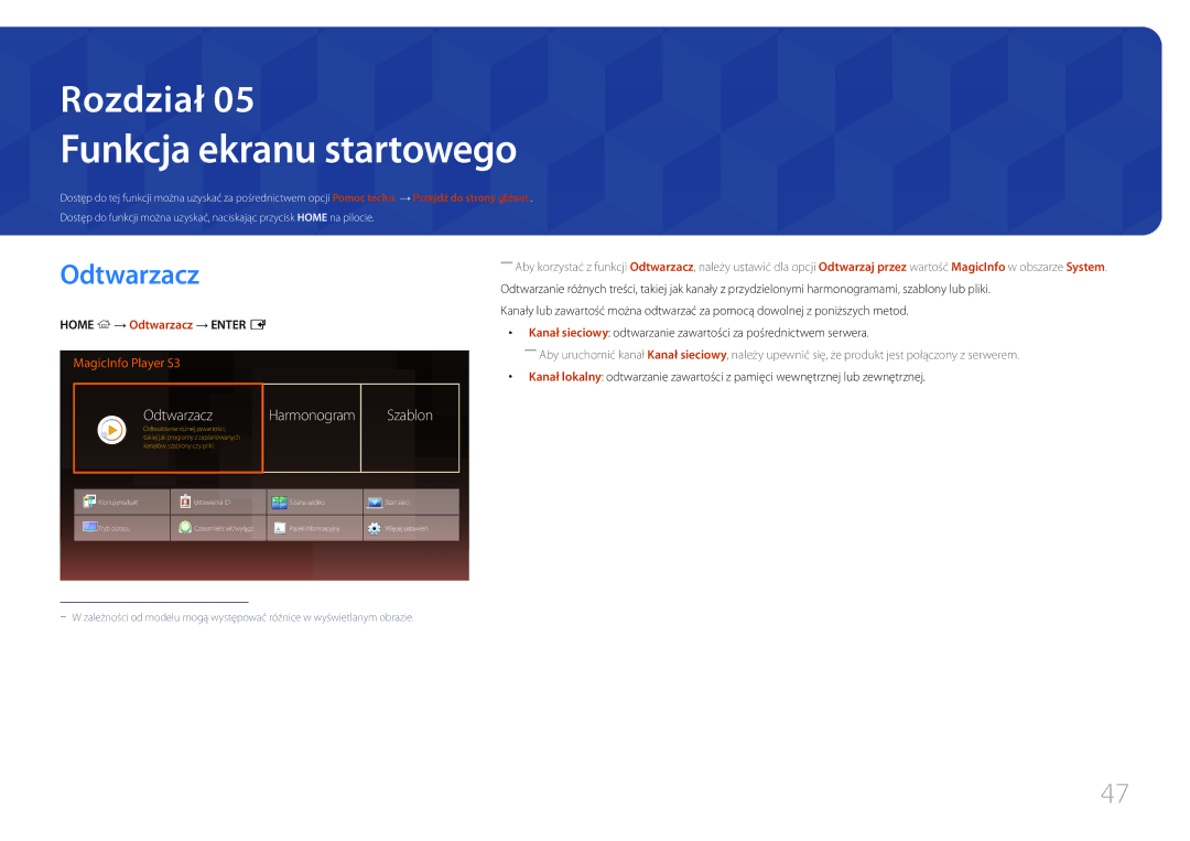 Samsung LH24OHEPKBB/EN, LH24OMEPWBC/EN manual Funkcja ekranu startowego, Szablon, Home → Odtwarzacz → Enter E 