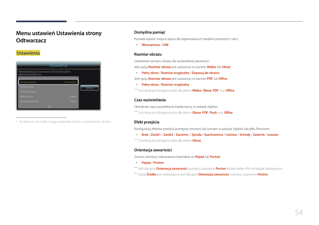 Samsung LH24OMEPWBC/EN, LH24OHEPKBB/EN manual Menu ustawień Ustawienia strony Odtwarzacz, Wewnętrzna / USB, Pejzaż / Portret 