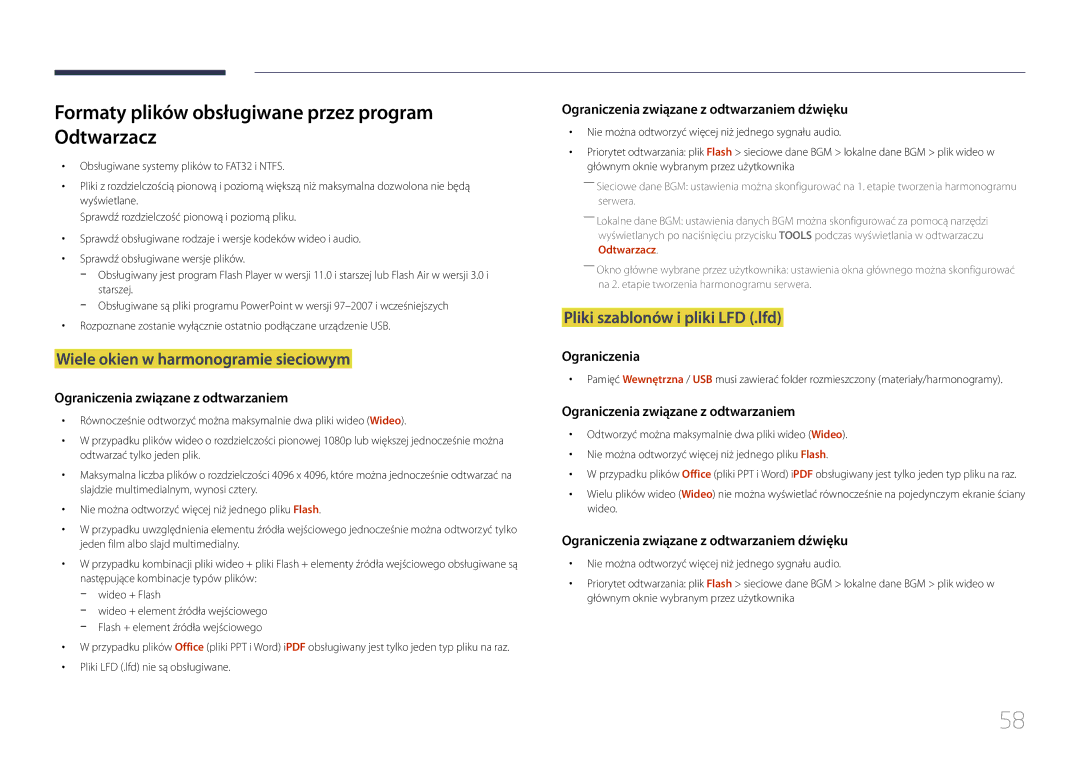 Samsung LH24OMEPWBC/EN manual Formaty plików obsługiwane przez program Odtwarzacz, Wiele okien w harmonogramie sieciowym 