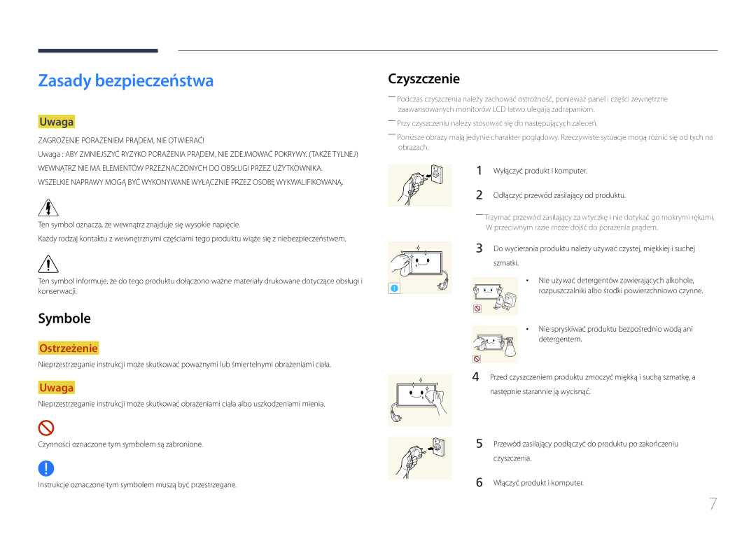 Samsung LH24OHEPKBB/EN, LH24OMEPWBC/EN Zasady bezpieczeństwa, Czyszczenie, Symbole, Uwaga, Wyłączyć produkt i komputer 