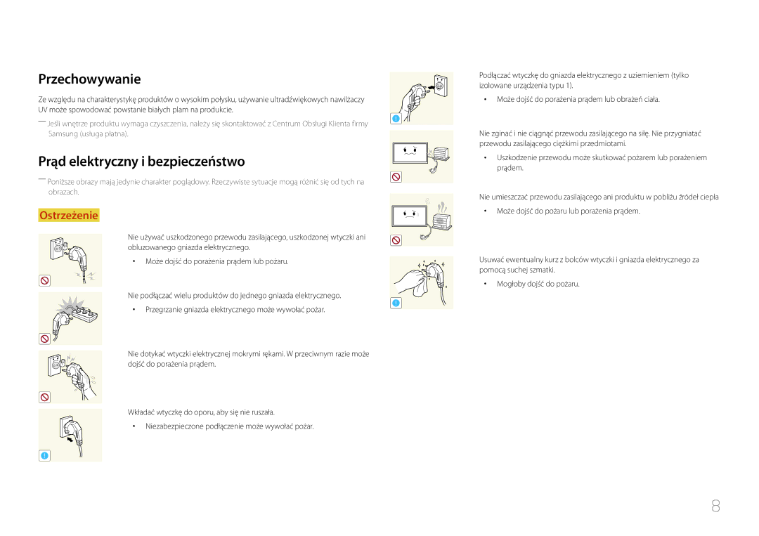 Samsung LH24OMEPWBC/EN, LH24OHEPKBB/EN manual Przechowywanie, Prąd elektryczny i bezpieczeństwo 