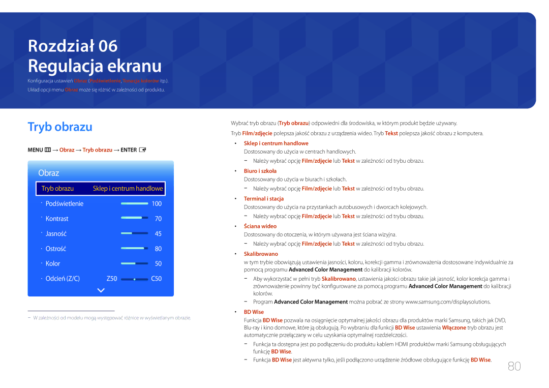 Samsung LH24OMEPWBC/EN, LH24OHEPKBB/EN manual Regulacja ekranu, Menu m → Obraz → Tryb obrazu → Enter E 