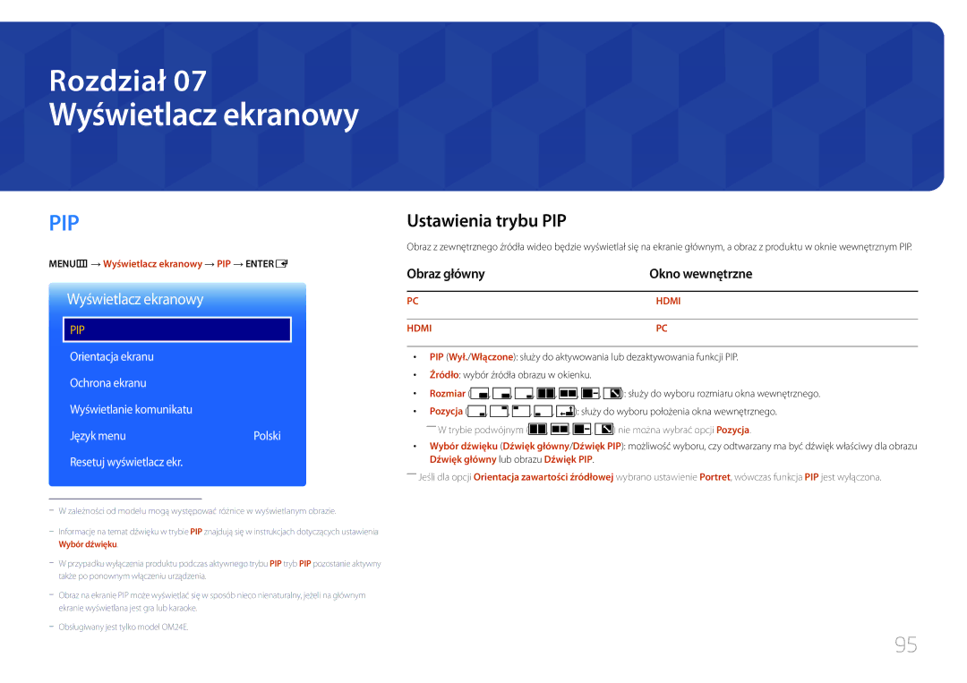 Samsung LH24OHEPKBB/EN Wyświetlacz ekranowy, Ustawienia trybu PIP, Obraz główny Okno wewnętrzne, Resetuj wyświetlacz ekr 