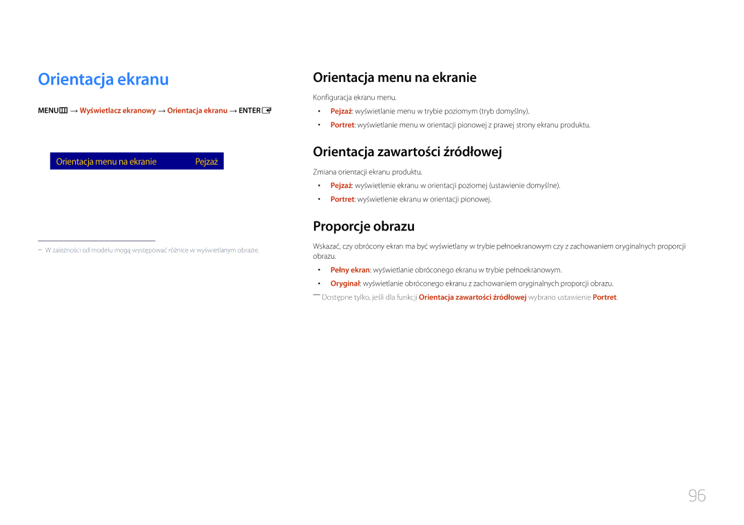 Samsung LH24OMEPWBC/EN Orientacja ekranu, Orientacja menu na ekranie, Orientacja zawartości źródłowej, Proporcje obrazu 