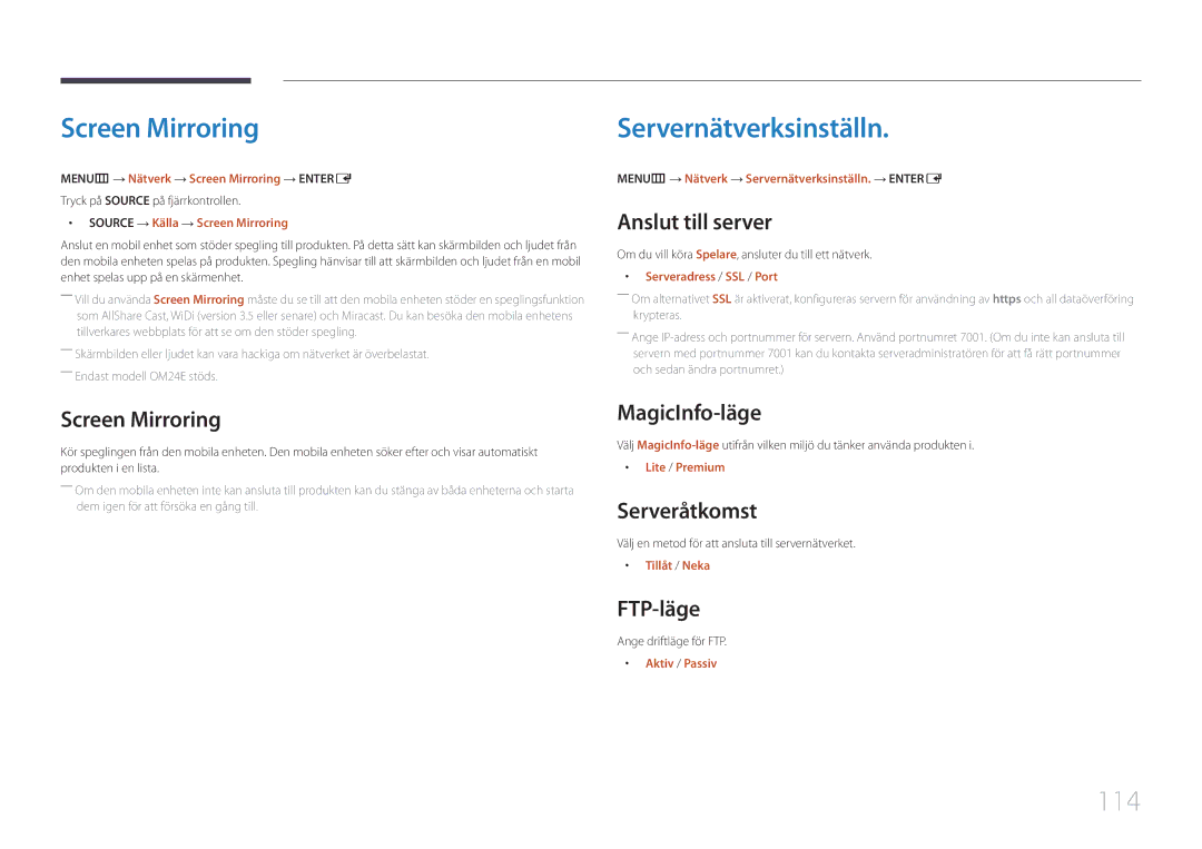Samsung LH24OMEPWBC/EN, LH24OHEPKBB/EN manual Screen Mirroring, Servernätverksinställn, 114 
