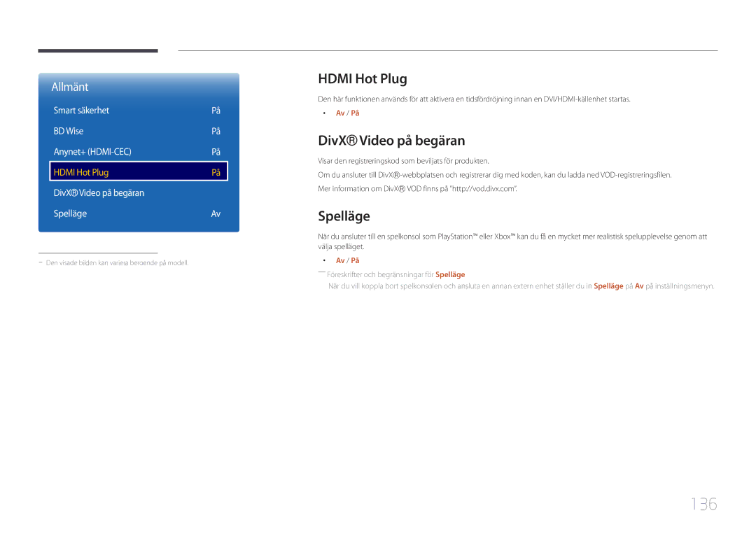 Samsung LH24OMEPWBC/EN, LH24OHEPKBB/EN manual 136, Hdmi Hot Plug, DivX Video på begäran, Spelläge 