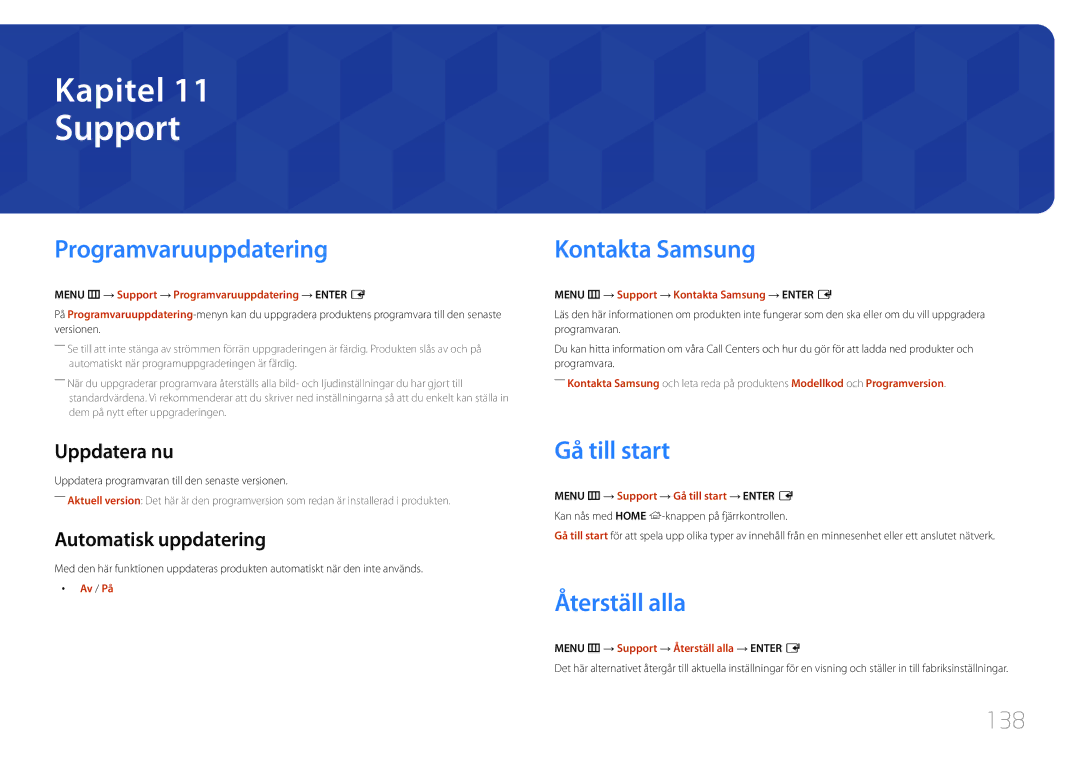 Samsung LH24OMEPWBC/EN, LH24OHEPKBB/EN Support, Programvaruuppdatering, Kontakta Samsung, Gå till start, Återställ alla 