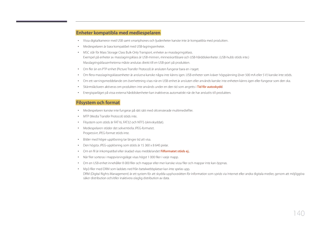 Samsung LH24OMEPWBC/EN, LH24OHEPKBB/EN manual 140, Enheter kompatibla med mediespelaren, Filsystem och format 