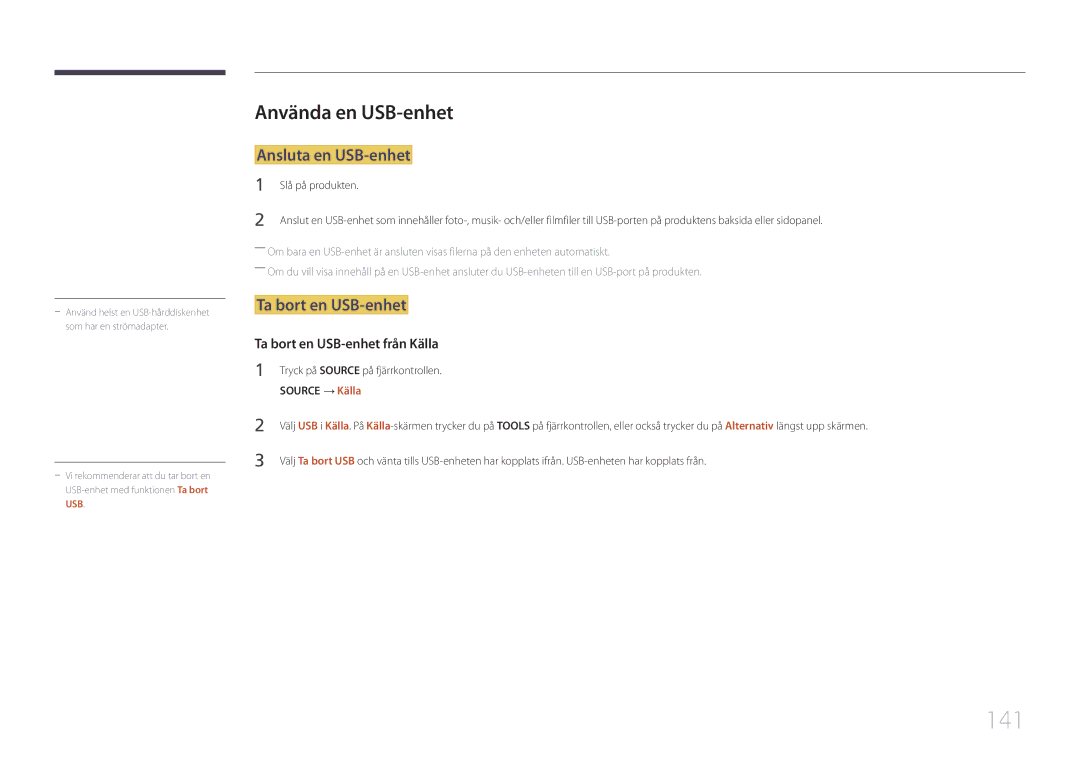 Samsung LH24OHEPKBB/EN manual 141, Använda en USB-enhet, Ansluta en USB-enhet, Ta bort en USB-enhet, Slå på produkten 