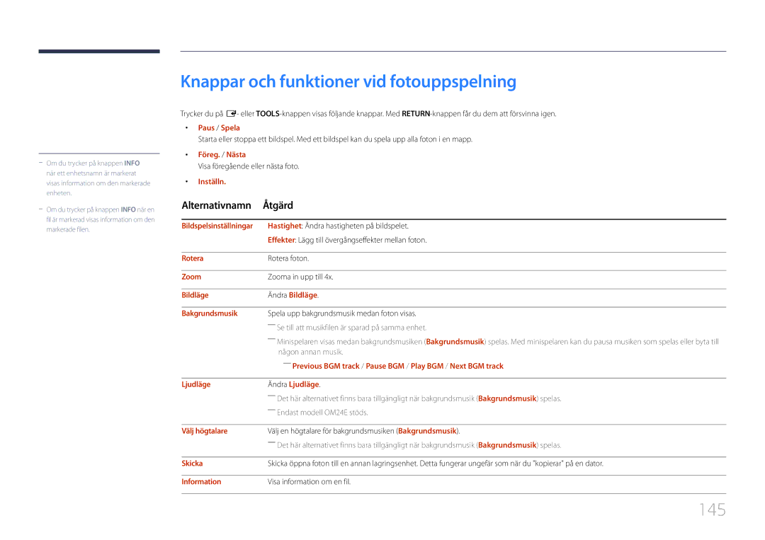 Samsung LH24OHEPKBB/EN, LH24OMEPWBC/EN manual Knappar och funktioner vid fotouppspelning, 145 