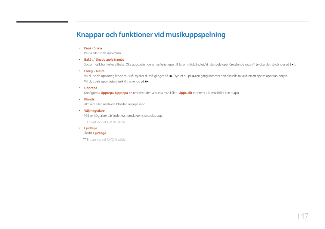Samsung LH24OHEPKBB/EN manual Knappar och funktioner vid musikuppspelning, 147, Pausa eller spela upp musik, Blanda 
