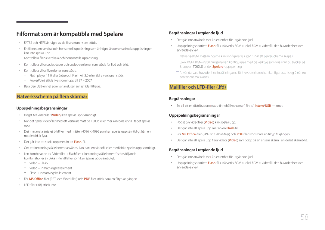 Samsung LH24OMEPWBC/EN, LH24OHEPKBB/EN manual Filformat som är kompatibla med Spelare, Nätverksschema på flera skärmar 