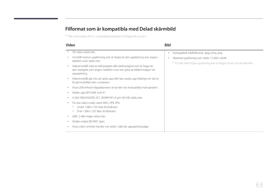 Samsung LH24OHEPKBB/EN, LH24OMEPWBC/EN manual Filformat som är kompatibla med Delad skärmbild, Video 