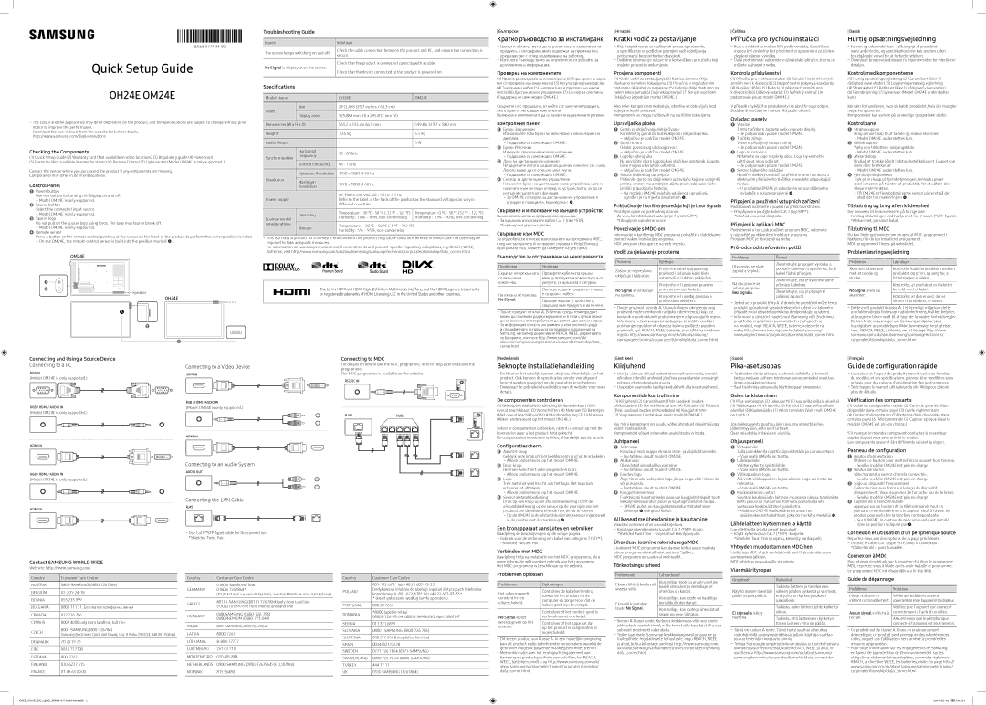 Samsung LH24OHEPKBB/EN manual Kratki vodič za postavljanje, Příručka pro rychlou instalaci, Hurtig opsætningsvejledning 