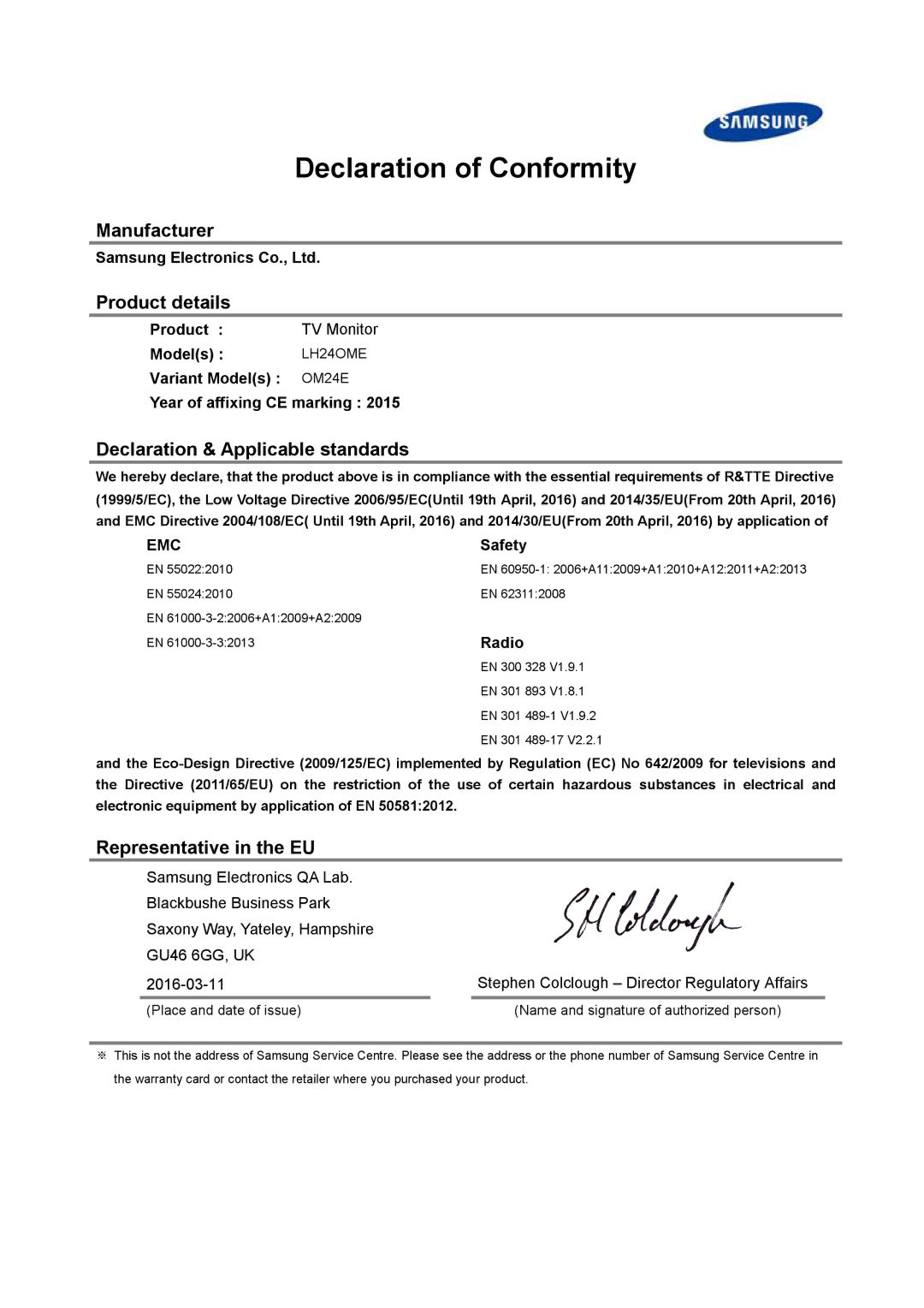 Samsung LH24OHEPKBB/EN manual Declaration of Conformity, Manufacturer Product details, Declaration & Applicable standards 