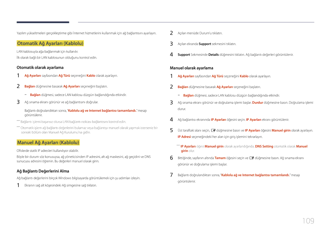 Samsung LH24OHEPKBB/EN, LH24OMEPWBC/EN manual 109, Otomatik Ağ Ayarları Kablolu, Manuel Ağ Ayarları Kablolu, Girin olur 