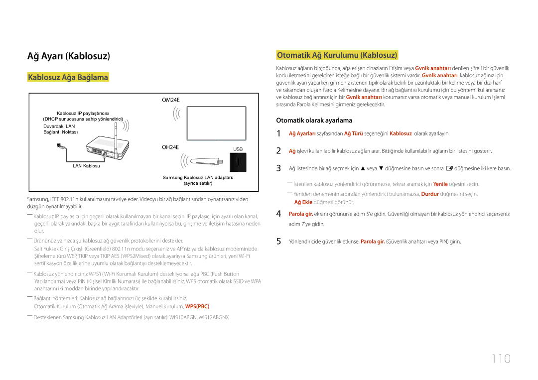 Samsung LH24OMEPWBC/EN manual 110, Ağ Ayarı Kablosuz, Kablosuz Ağa Bağlama, Otomatik Ağ Kurulumu Kablosuz, Adım 7ye gidin 