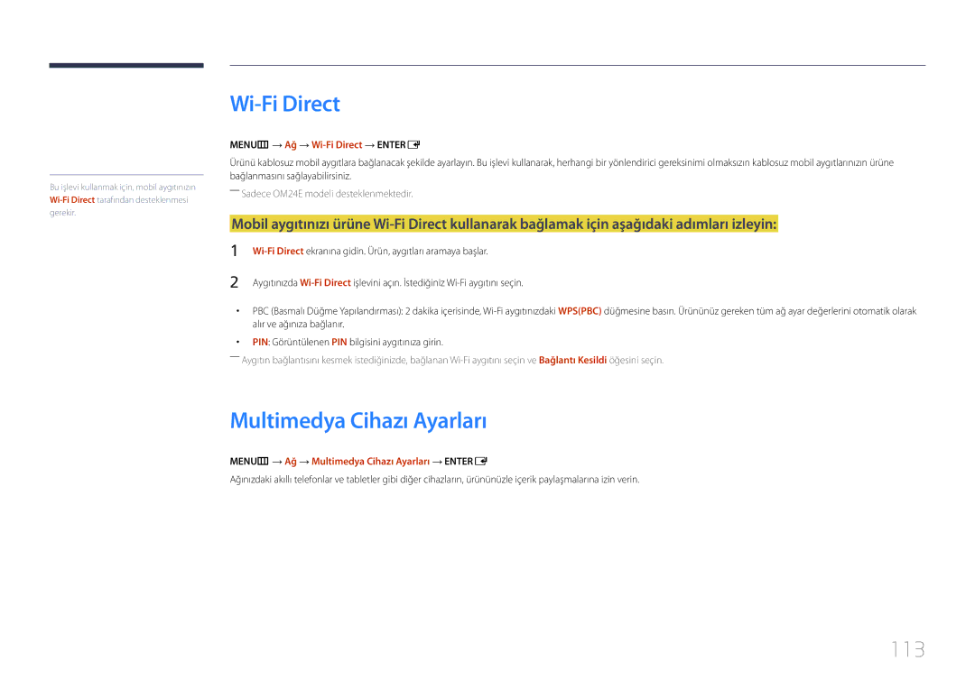 Samsung LH24OHEPKBB/EN, LH24OMEPWBC/EN manual Multimedya Cihazı Ayarları, 113, MENUm → Ağ → Wi-Fi Direct → Entere 
