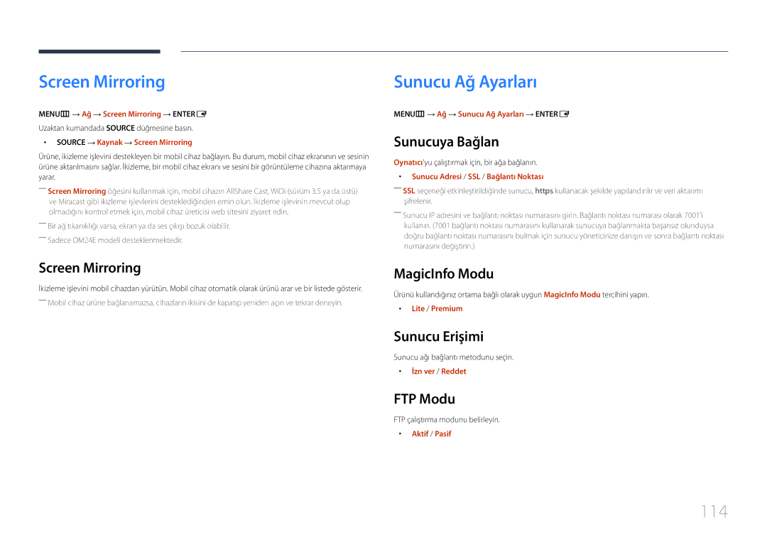 Samsung LH24OMEPWBC/EN, LH24OHEPKBB/EN manual Screen Mirroring, Sunucu Ağ Ayarları, 114 