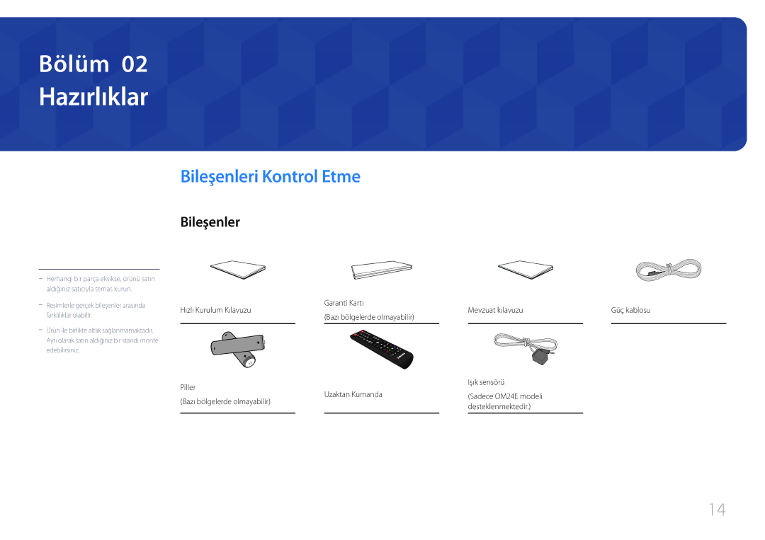 Samsung LH24OMEPWBC/EN manual Hazırlıklar, Bileşenleri Kontrol Etme, Garanti Kartı Mevzuat kılavuzu, Hızlı Kurulum Kılavuzu 