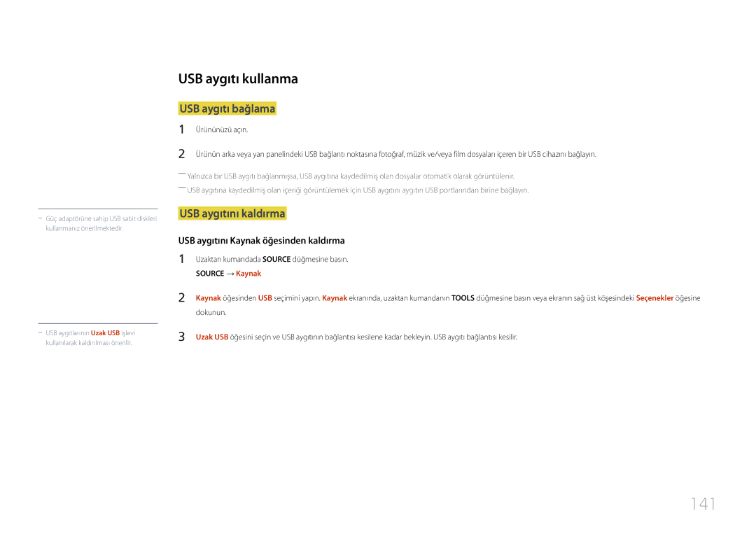 Samsung LH24OHEPKBB/EN, LH24OMEPWBC/EN manual 141, USB aygıtı kullanma, USB aygıtı bağlama, USB aygıtını kaldırma 
