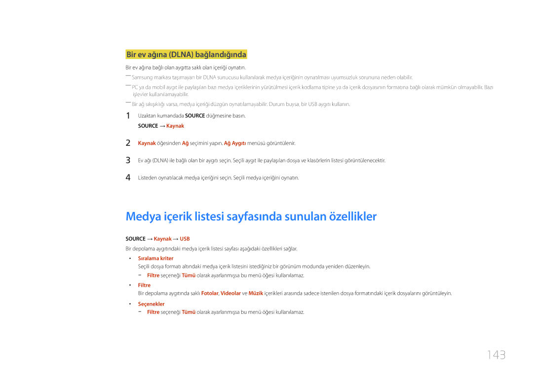 Samsung LH24OHEPKBB/EN Medya içerik listesi sayfasında sunulan özellikler, 143, Bir ev ağına Dlna bağlandığında, Filtre 