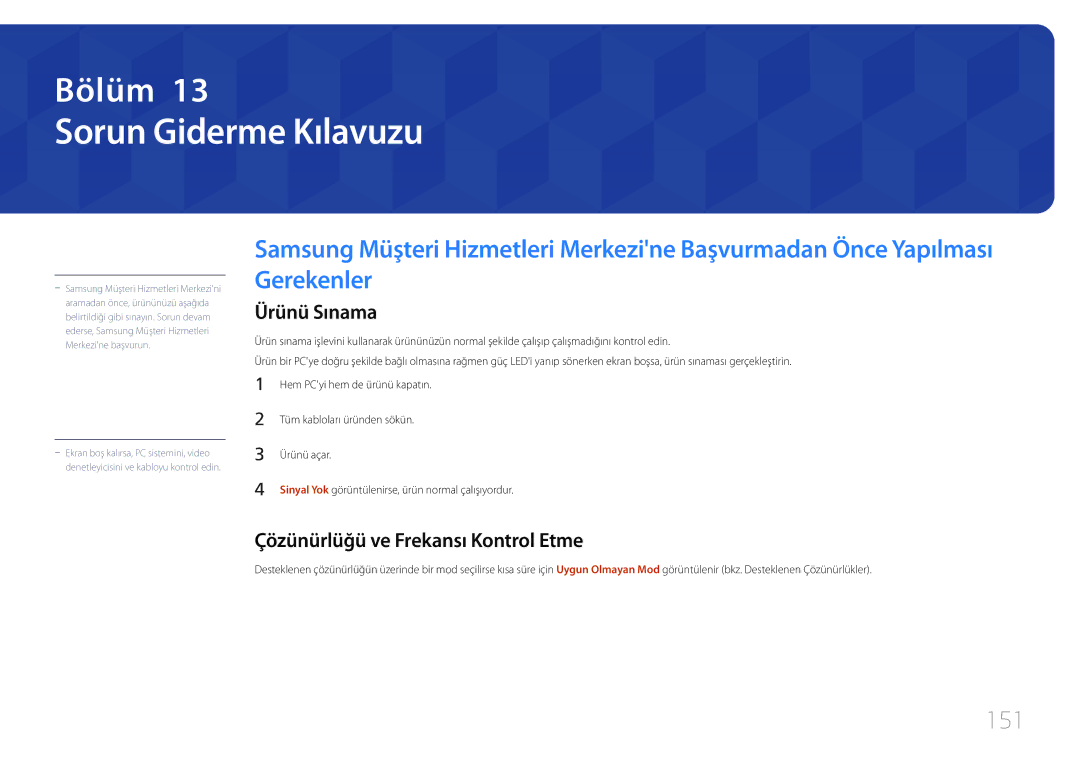 Samsung LH24OHEPKBB/EN, LH24OMEPWBC/EN Sorun Giderme Kılavuzu, 151, Ürünü Sınama, Çözünürlüğü ve Frekansı Kontrol Etme 