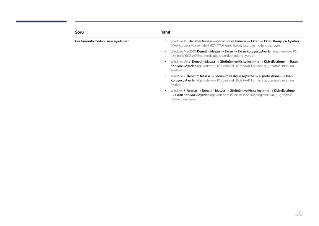 Samsung LH24OMEPWBC/EN, LH24OHEPKBB/EN manual 158, Soru, Güç tasarrufu modunu nasıl ayarlarım? 