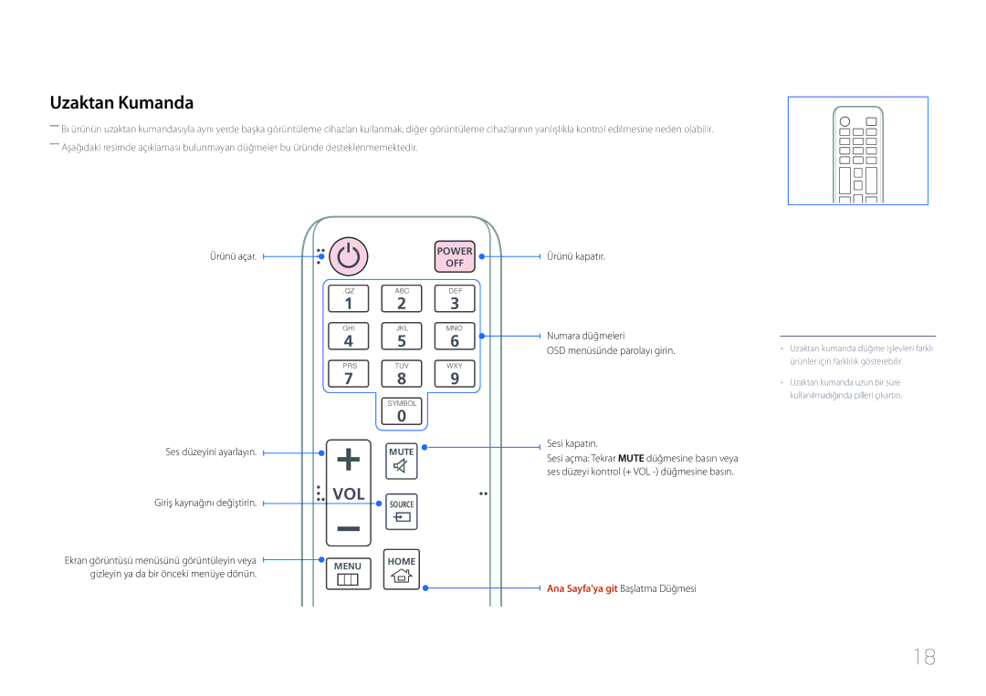 Samsung LH24OMEPWBC/EN, LH24OHEPKBB/EN manual Uzaktan Kumanda, Ana Sayfaya git Başlatma Düğmesi 